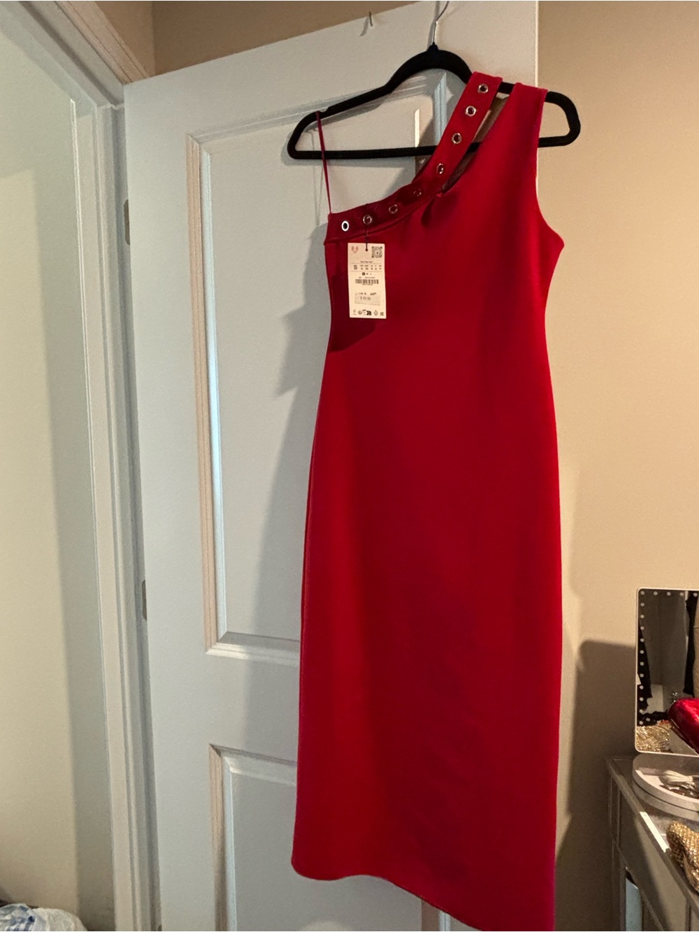 Zara Red One-Shoulder Grommet Midi Dress